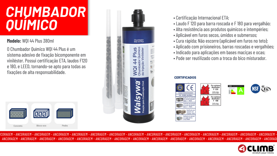 Kit 10 Unidades de Olhal Ancoragem + 10 Barras 14cm Inox + Chumbador Químico WQI 44 380ml Linha De Vida 25kn