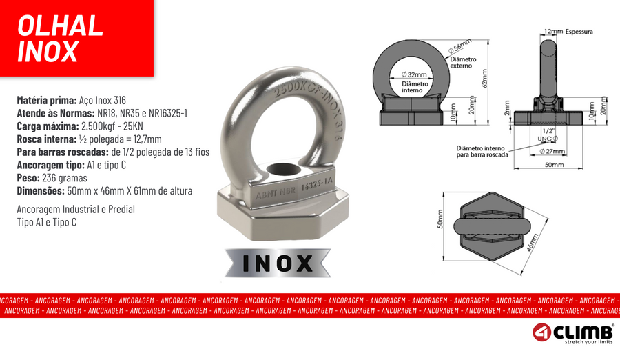 Kit 7 Unidades de Olhal de Ancoragem + 7 Barras 14cm 1/2 Polegada Inox Linha De Vida 25kn